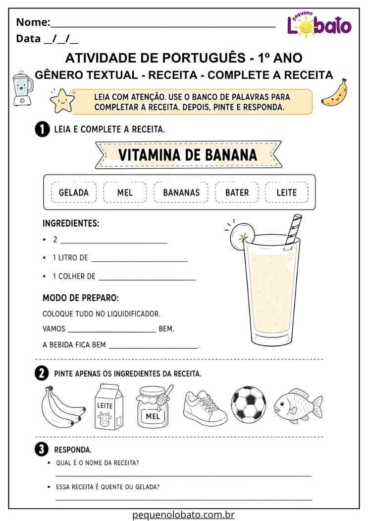 Atividade de Português 1º ano com receita de vitamina de banana para completar palavras e pintar os ingredientes corretos