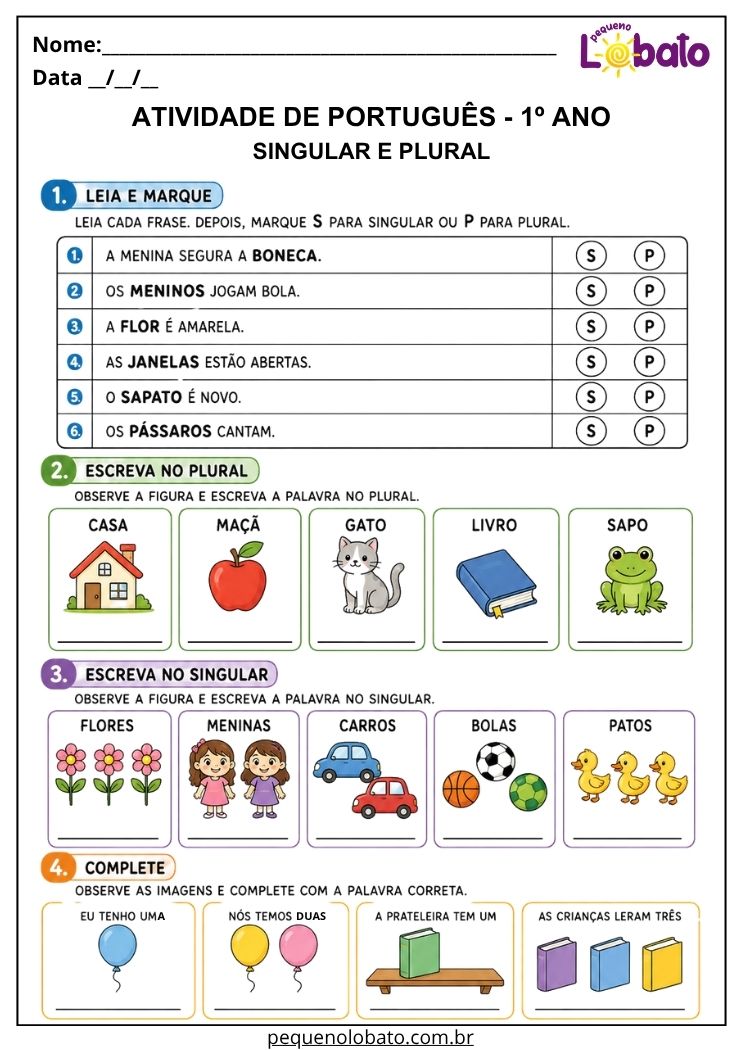 Atividade de Português 1º ano com singular e plural para marcar frases, transformar palavras e completar de acordo com as imagens