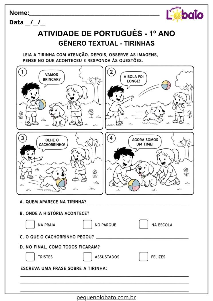 Atividade de Português 1º ano com tirinha sobre crianças e cachorro para interpretar cenas, emoções e escrever uma frase