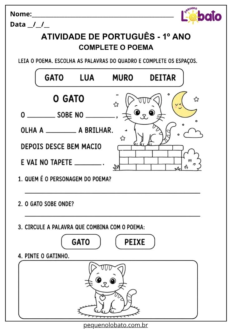 Atividade de Português 1º ano para completar poema do gato com banco de palavras, responder perguntas e pintar o personagem