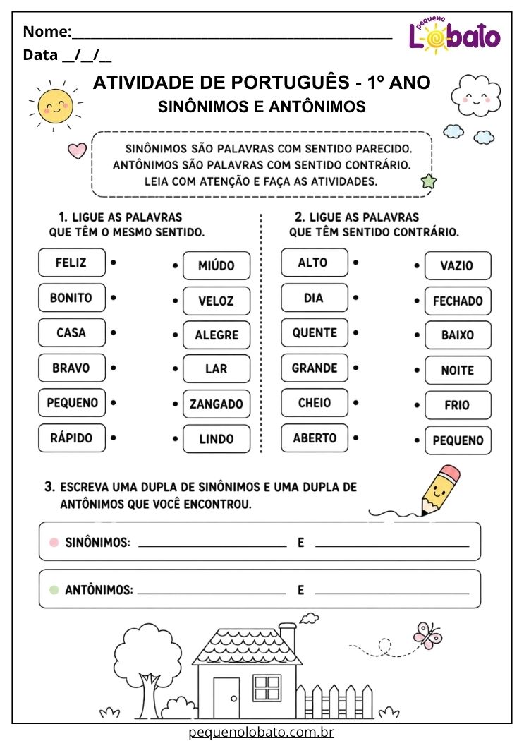 Atividade de Português 1º ano para ligar sinônimos e antônimos, comparar sentidos e registrar pares de palavras