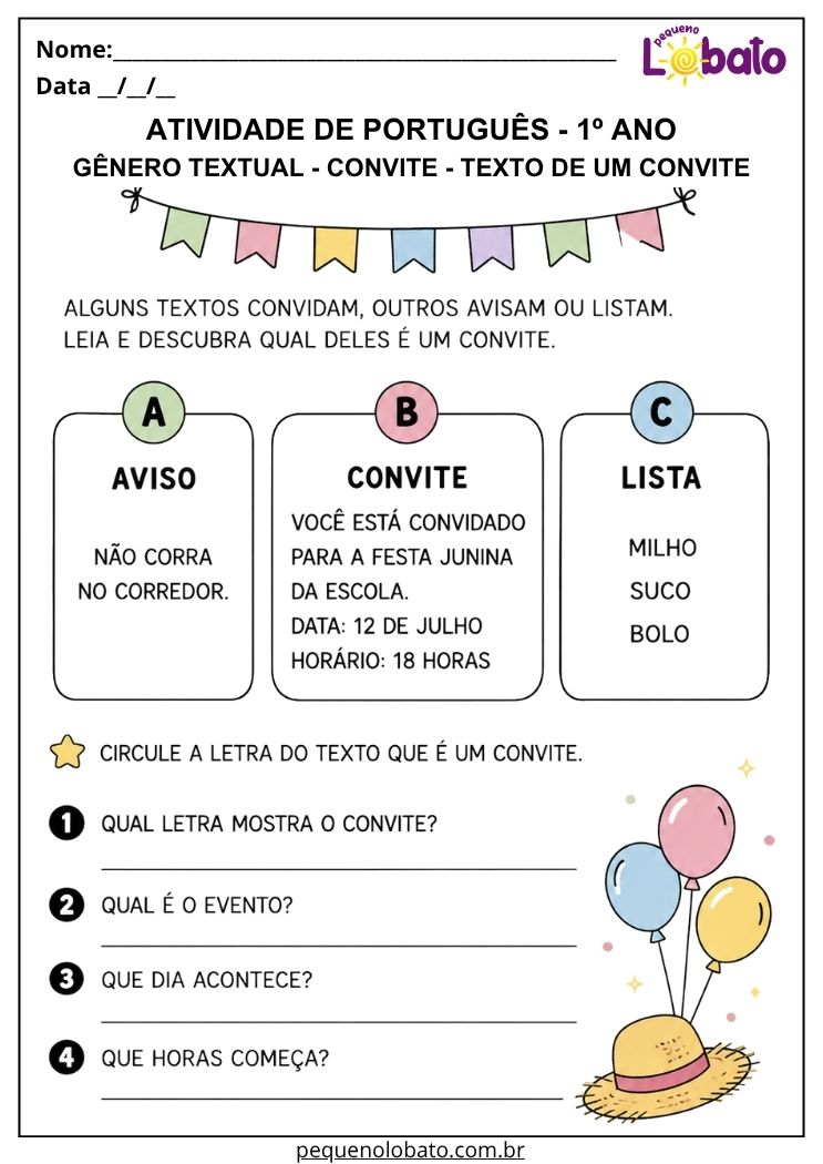 Atividade de Português 1º ano para reconhecer o gênero textual convite entre aviso e lista e interpretar convite de festa junina