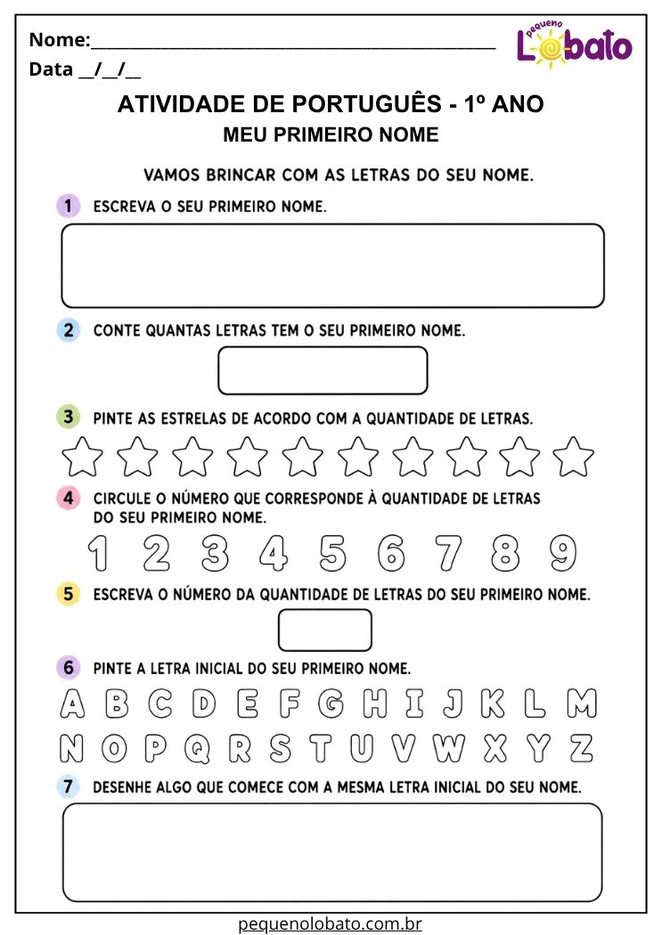 Atividade de Português 1º ano sobre o primeiro nome para contar letras, pintar a inicial e desenhar uma palavra com a mesma letra