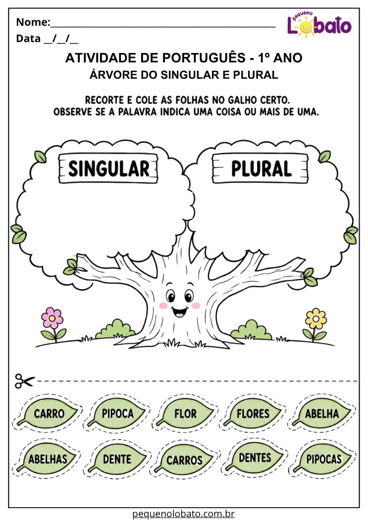Atividade de recorte e colagem de Português 1º ano com árvore do singular e plural para classificar palavras