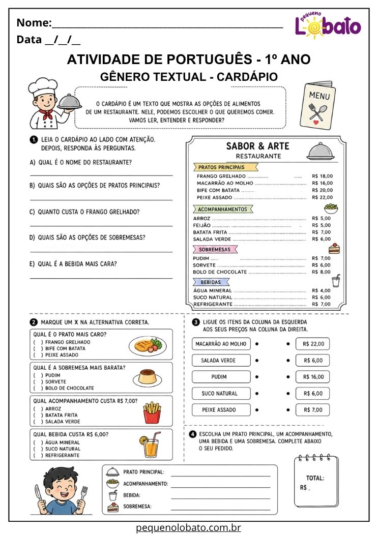 Atividade ilustrada de Português 1º ano com cardápio e valores para ligar alimentos aos preços e montar um pedido completo