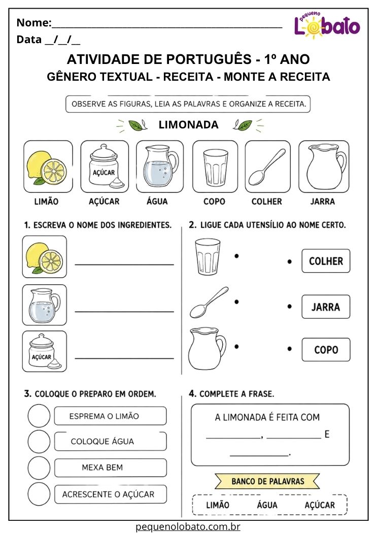 Atividade ilustrada de Português 1º ano com receita de limonada para ligar utensílios, escrever ingredientes e organizar o preparo