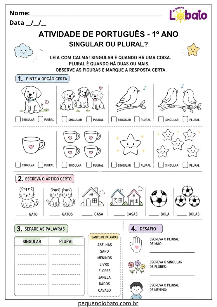 Atividade ilustrada de Português 1º ano sobre singular e plural para observar quantidades, usar artigos e separar palavras