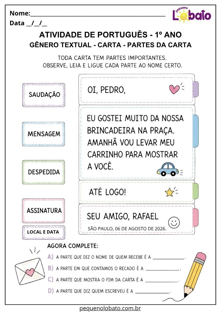 Atividades de Português 1º Ano – Carta segundo a BNCC