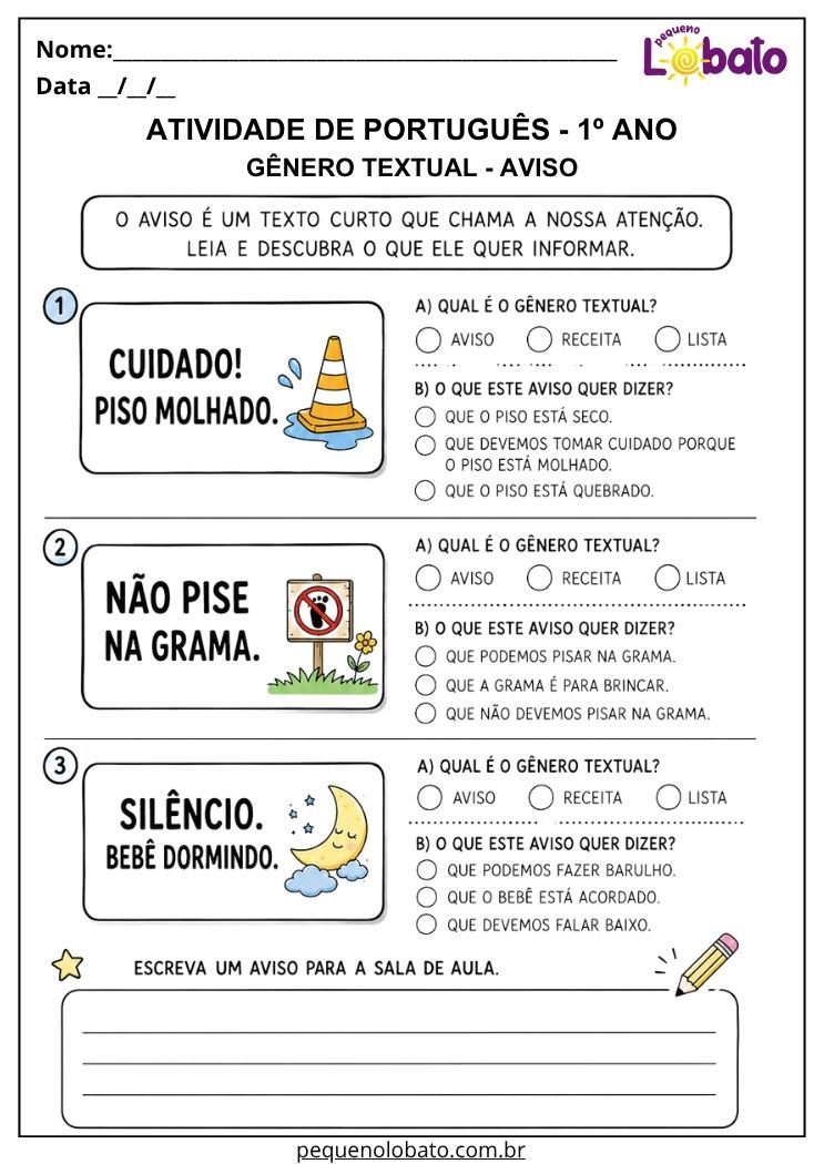 Atividades de Português 1º Ano – Gêneros Textuais segundo a BNCC
