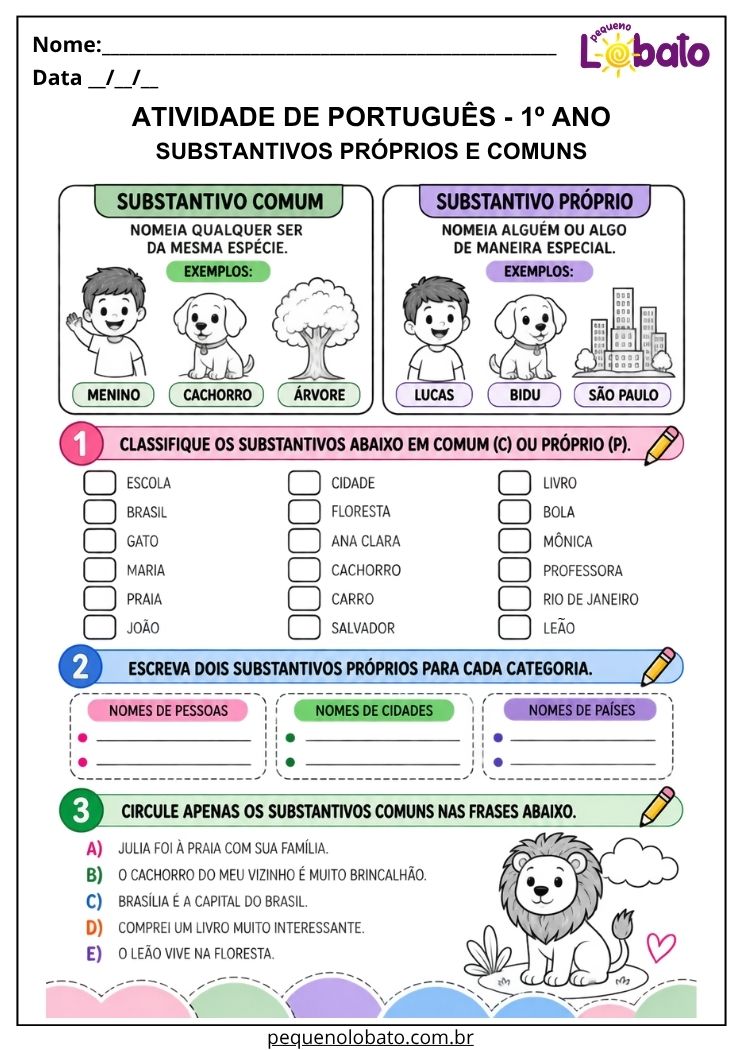 Atividades de Português 1º Ano – Nomes Próprios segundo a BNCC