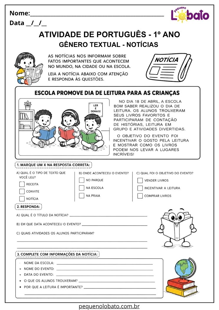 Atividades de Português 1º Ano – Notícia segundo a BNCC