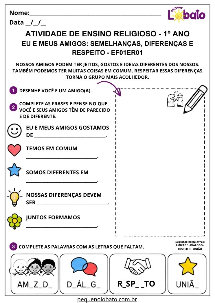 Atividade sobre amizade respeito e diferenças EF01ER01