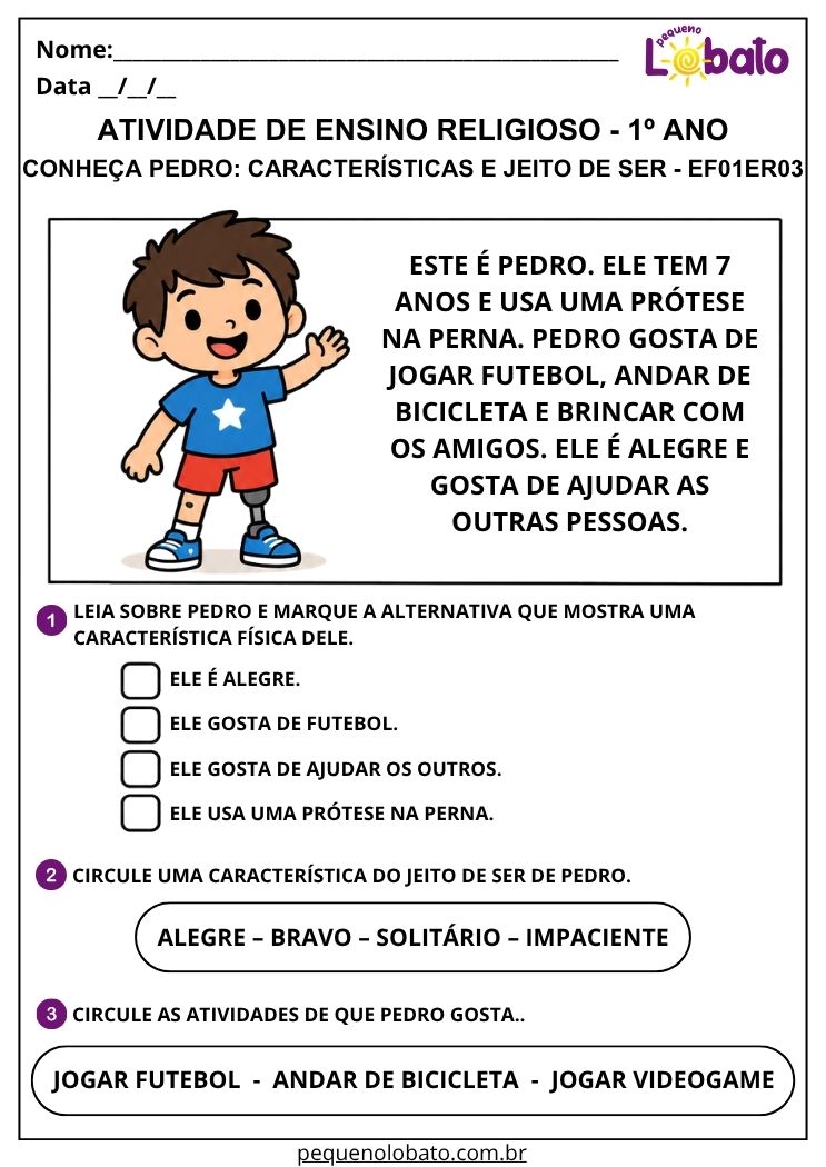 Atividade sobre características físicas e jeito de ser EF01ER03