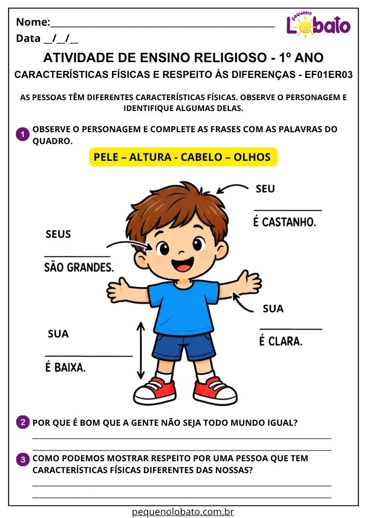 Atividade sobre características físicas e respeito às diferenças EF01ER03