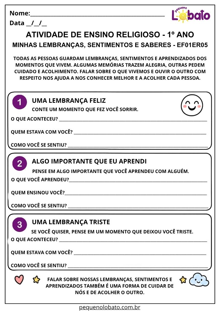 Atividade sobre lembranças sentimentos e aprendizados EF01ER05