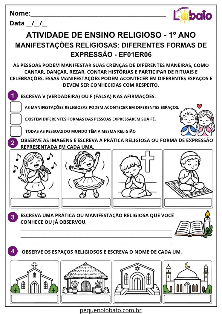 Atividade sobre manifestações religiosas e espaços religiosos EF01ER06