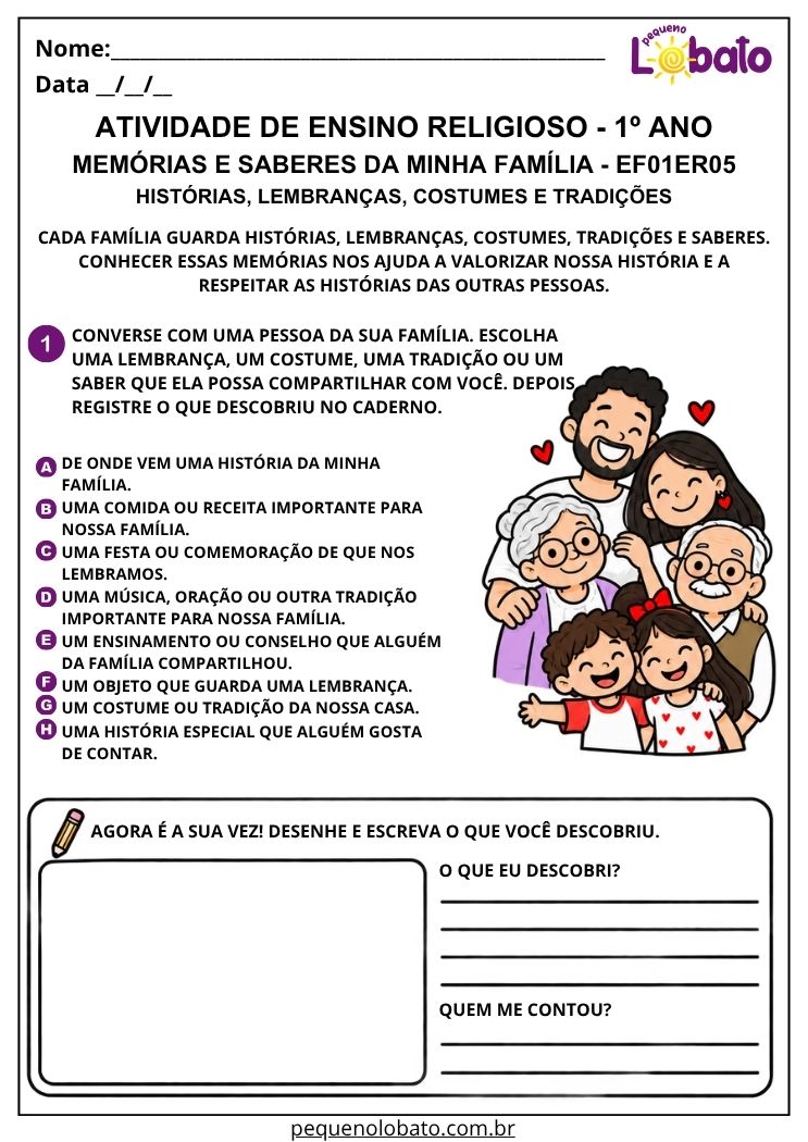 Atividade sobre memórias costumes e tradições da família EF01ER05