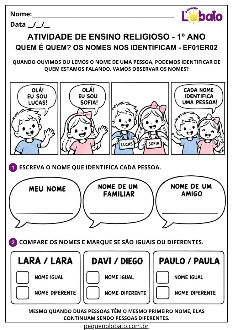 Atividade sobre nomes iguais e diferentes EF01ER02