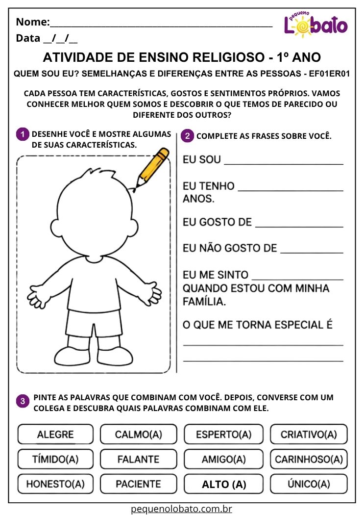 Atividade sobre quem sou eu e minhas características EF01ER01