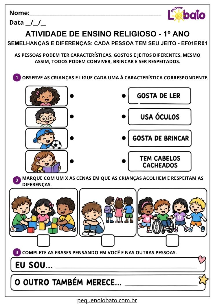 Atividade sobre semelhanças e diferenças EF01ER01