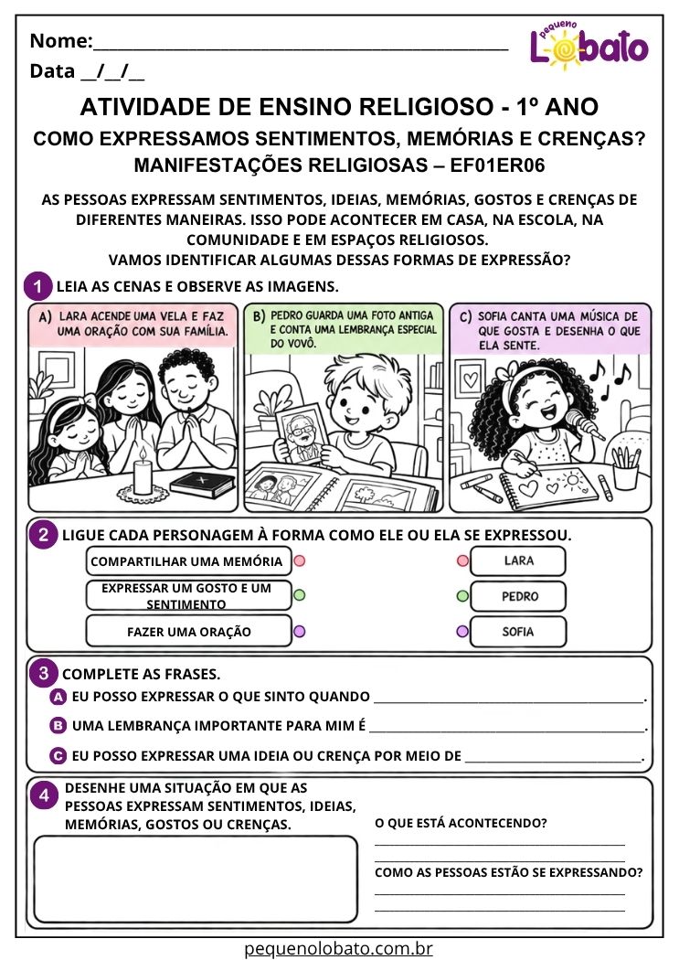 Atividade sobre sentimentos memórias e crenças EF01ER06