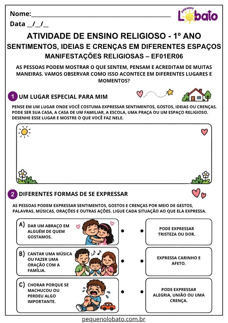 Atividade sobre sentimentos e crenças em diferentes espaços EF01ER06