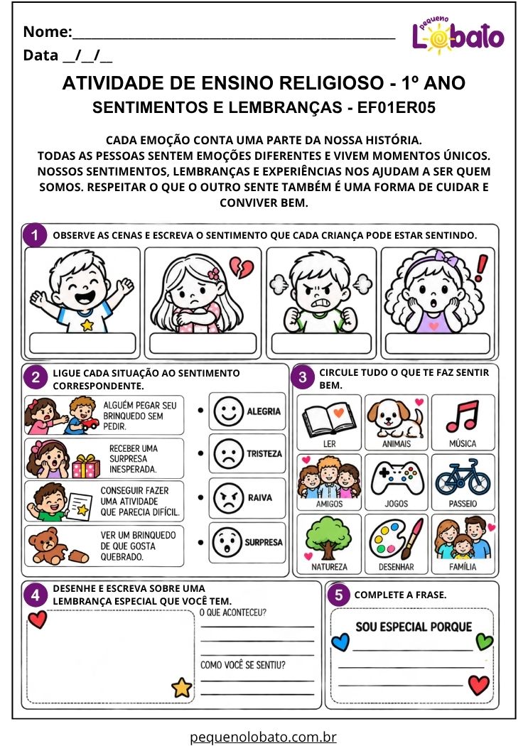 Atividade sobre sentimentos e emoções EF01ER05