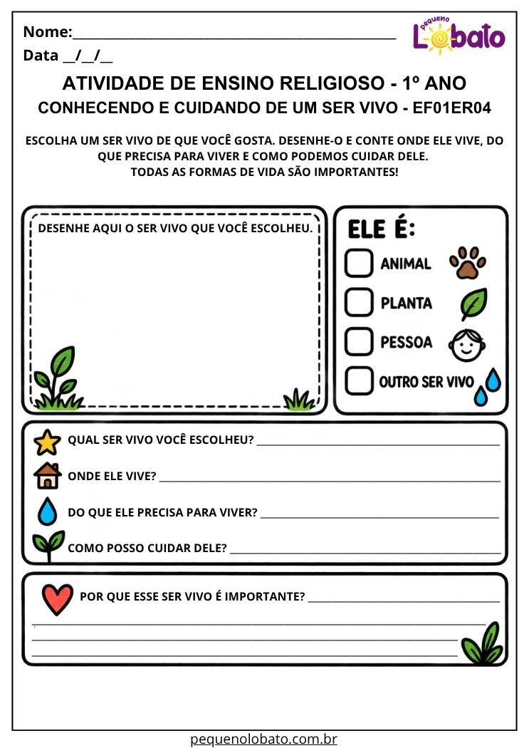 Atividade sobre seres vivos para desenhar e responder EF01ER04