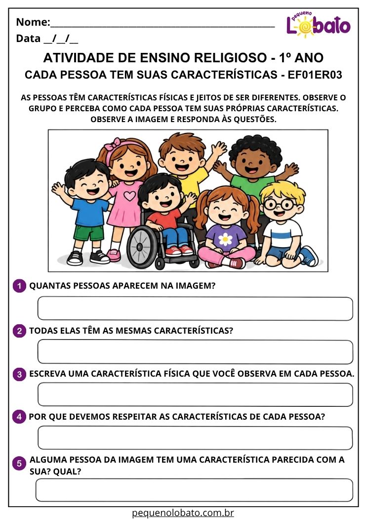 Atividade sobre as características de cada pessoa EF01ER03