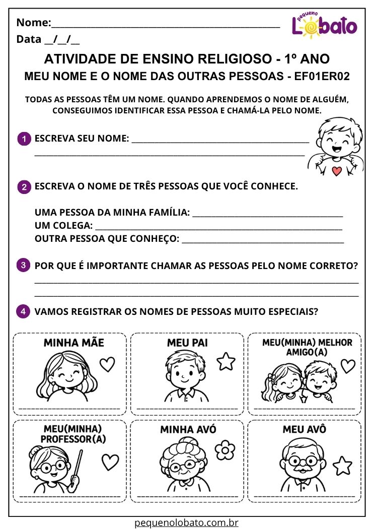 Atividade sobre o nome das pessoas e sua importância EF01ER02