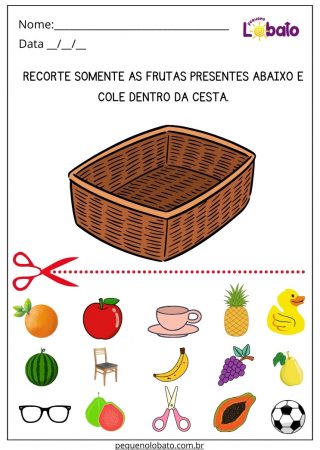 Atividade com Recorte e Colagem das Frutas dentro da Cesta