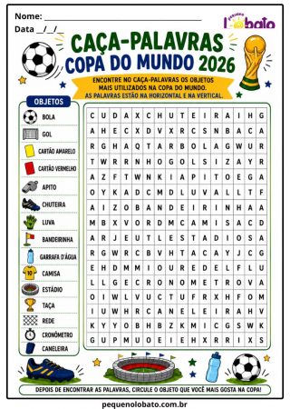 Atividade da Copa do Mundo 2026 com Caça-Palavras de Objetos do Futebol, Palavras na Horizontal e Vertical, Vocabulário Temático e Desenho Pequeno Lobato