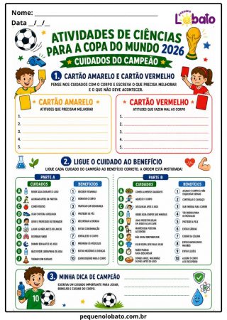 Atividade da Copa do Mundo 2026 de Ciências com Cuidados do Campeão, Cartão Amarelo, Cartão Vermelho, Hábitos Saudáveis e Ligue o Cuidado ao Benefício Pequeno Lobato