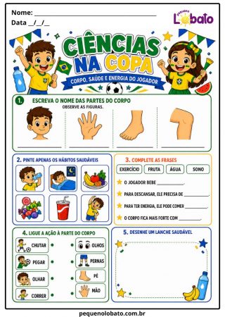 Atividade da Copa do Mundo 2026 de Ciências com Partes do Corpo, Hábitos Saudáveis, Alimentação, Água, Sono e Corpo em Movimento Pequeno Lobato