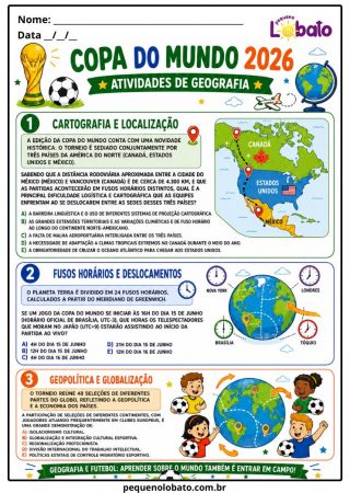 Atividade da Copa do Mundo 2026 de Geografia com Cartografia, Localização, Fusos Horários, Deslocamentos, Geopolítica e Globalização Pequeno Lobato