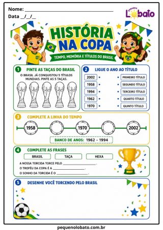 Atividade da Copa do Mundo 2026 de História com Títulos do Brasil, Taças, Linha do Tempo, Ano das Copas e Frases Pequeno Lobato