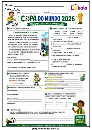 Atividade da Copa do Mundo 2026 de Língua Portuguesa com Interpretação de Texto, Frases, Plural, Ordem Alfabética e Produção de Texto Pequeno Lobato