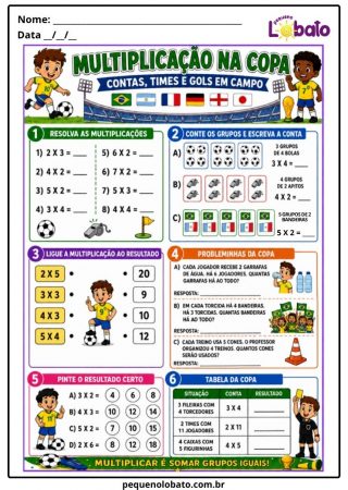 Atividade da Copa do Mundo 2026 de Multiplicação com Contas, Grupos, Resultados, Tabela e Probleminhas para Crianças Pequeno Lobato