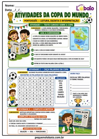 Atividade da Copa do Mundo 2026 de Português com Leitura, Escrita, Interpretação de Texto, Caça-Palavras e Complete a Notícia Pequeno Lobato