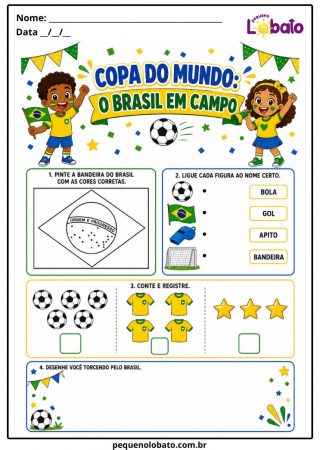 Atividade da Copa do Mundo 2026 para Educação Infantil com Bandeira do Brasil, Ligue as Figuras, Contagem e Desenho para Crianças Pequeno Lobato