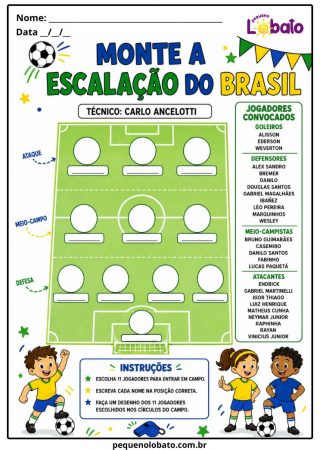 Atividade da Copa do Mundo 2026 sobre Escalação do Brasil com Formação Tática, Posições dos Jogadores e Seleção Brasileira Pequeno Lobato