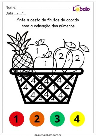 Atividade de Alimentação Saudável com Pintura Legendada da Cesta de Frutas