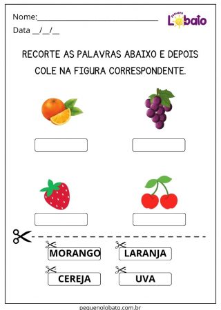 Atividade de Alimentação Saudável com Recorte e Colagem dos Nomes nas Figuras dos Alimentos Certos
