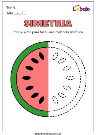 Atividade de Alimentação Saudável de Simetria da Melancia para Desenhar e Colorir