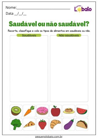 Atividade de Alimentação Saudável e Não Saudável para Classificar os Alimentos