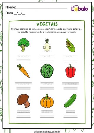 Atividade de Alimentação Saudável para Nomear os Vegetais