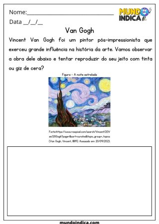 Atividade de Artes sobre a Obra A Noite Estrelada de Vincent Van Gogh