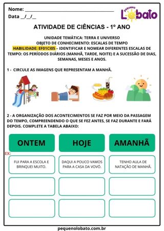 Atividade de Ciências - 1º ano - Terra e universo escalas de tempo