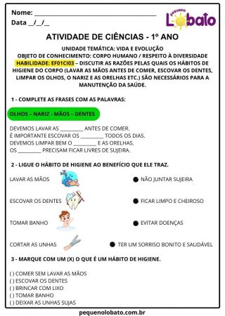Atividade de Ciências - 1º ano - vida e evolução higiene com o corpo