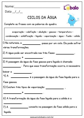Atividade de Ciências 4 Ano Ensino Fundamental Ciclos da Água para Imprimir